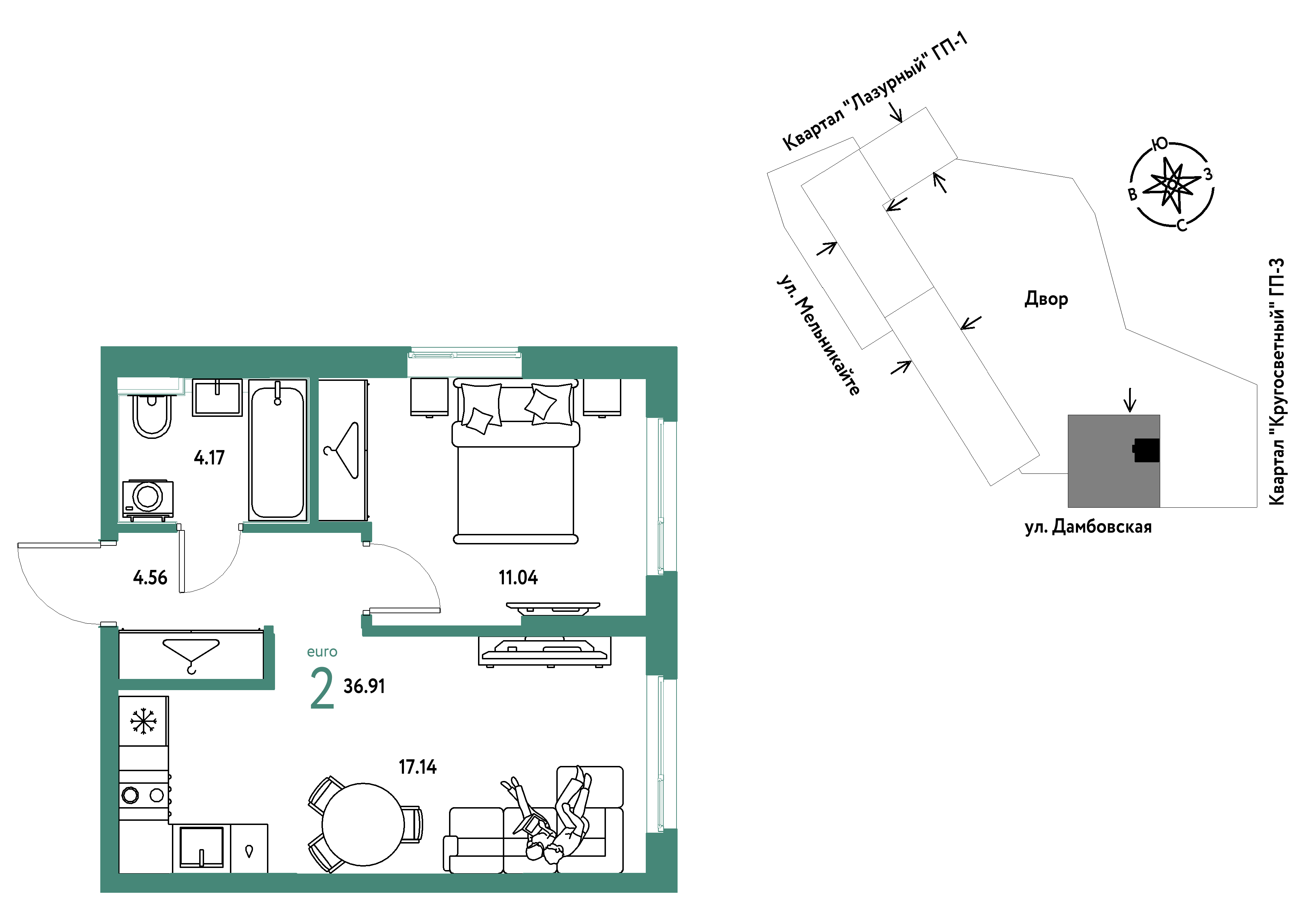 2-комнатная 36 м2 в ЖК Страна.Прибрежная корпус null этаж 15