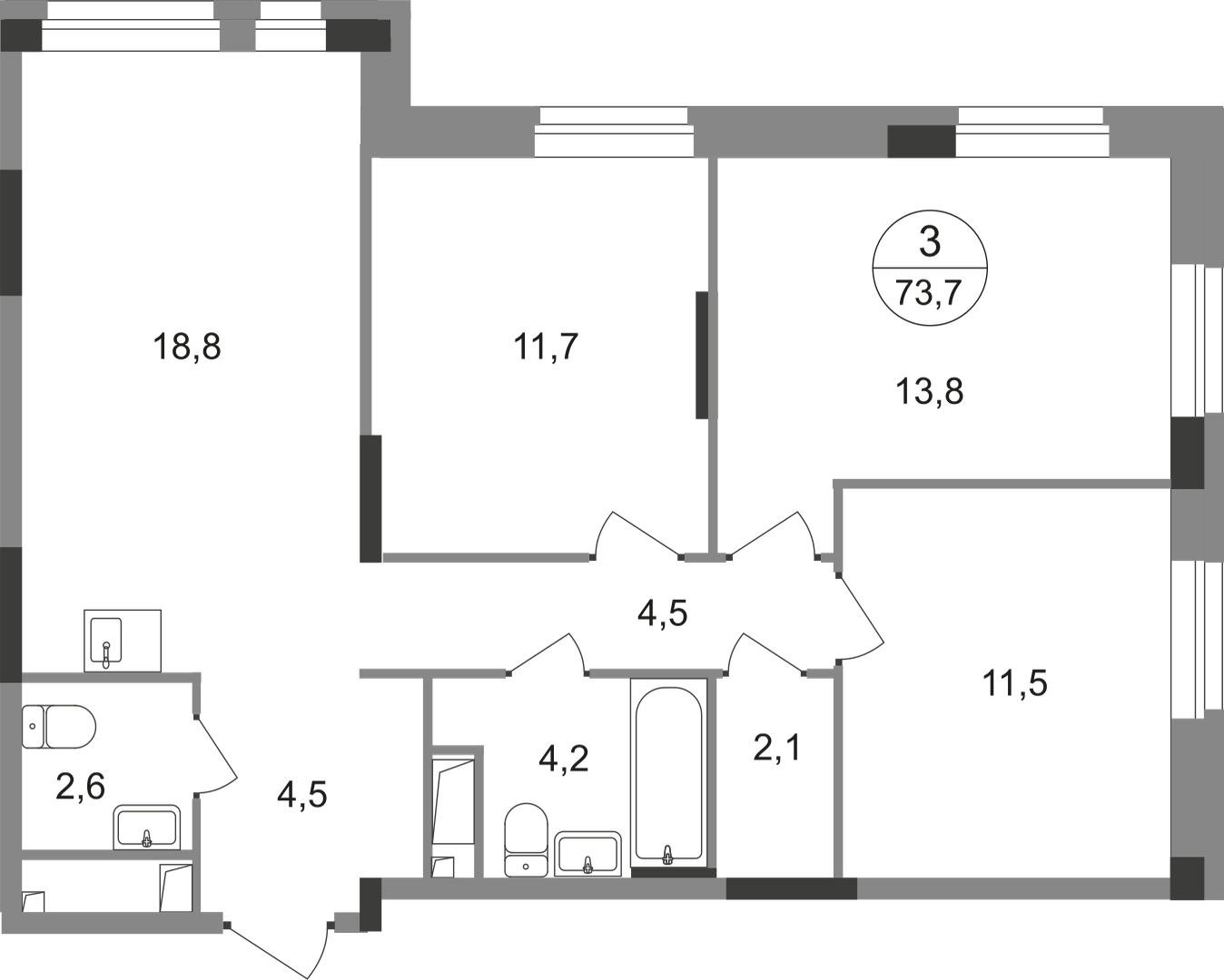 3-комнатная 73 м2 в ЖК Первый Московский корпус null этаж 13