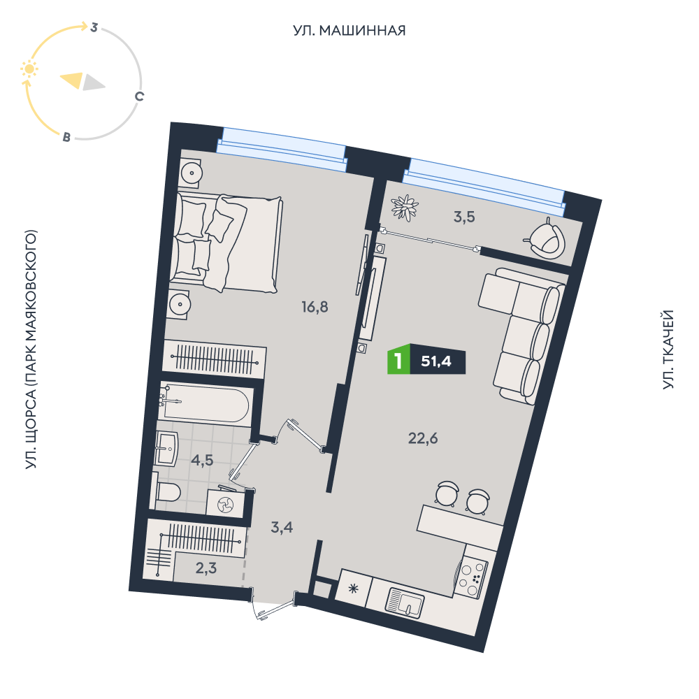 1-комнатная 51 м2 в ЖК Clever park корпус null этаж 11