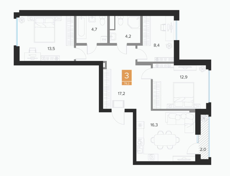 3-комнатная 78.2 м2 в ЖК undefined корпус null этаж 9
