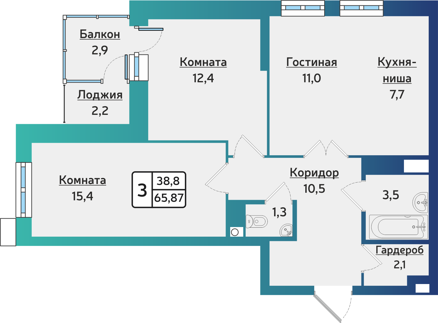 3-комнатная 65 м2 в ЖК Forest корпус null этаж 14