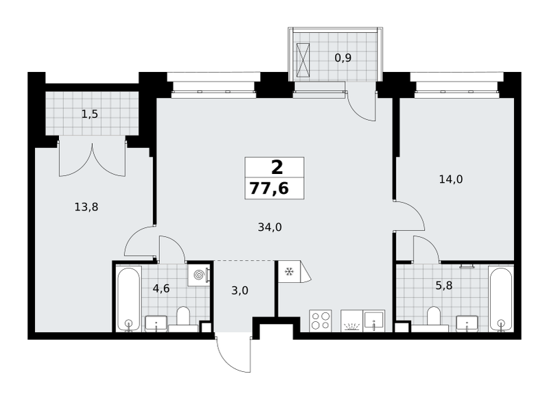 2-комнатная 77 м2 в ЖК Хольм корпус null этаж 2
