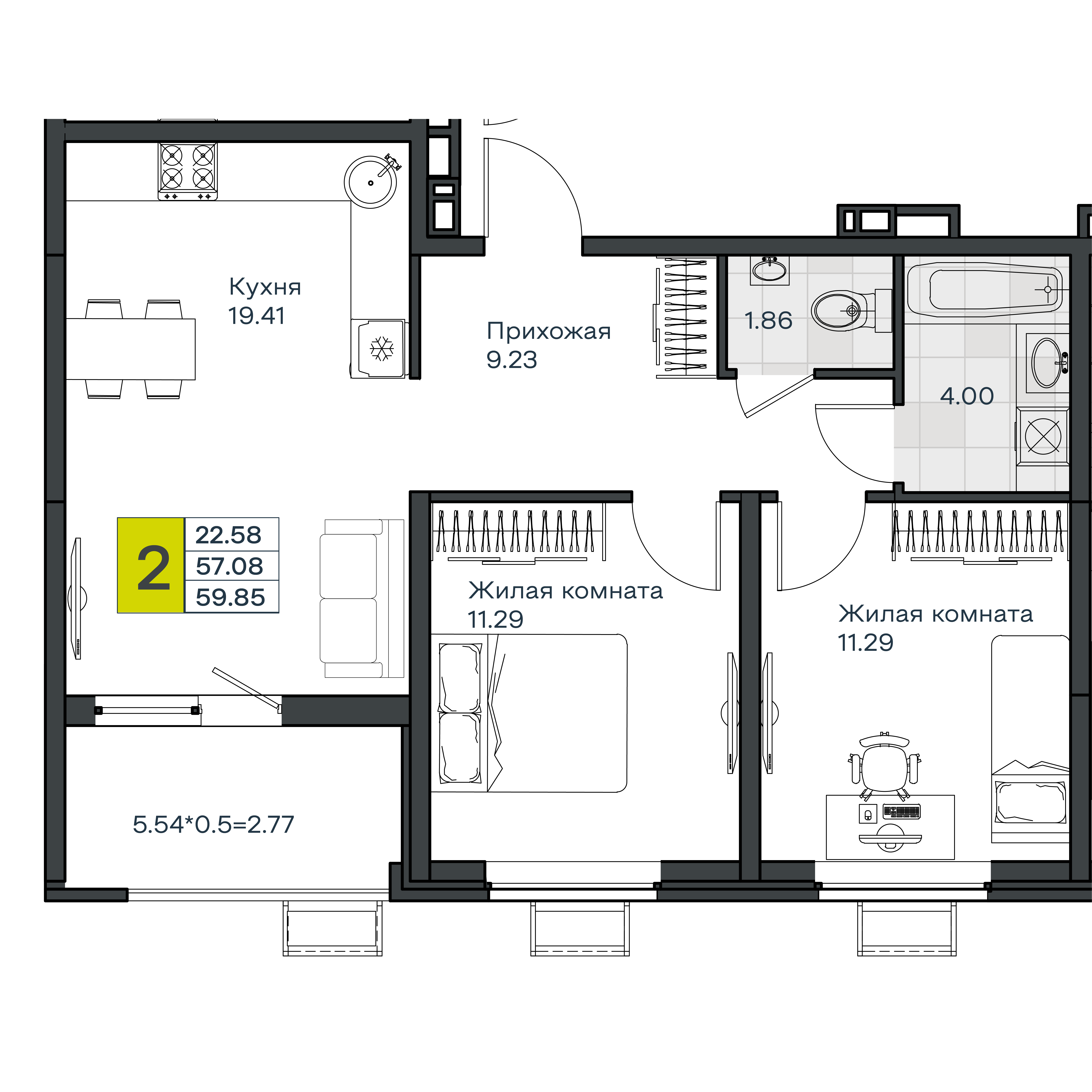 2-комнатная 59 м2 в ЖК МОНО Квартал корпус null этаж 6