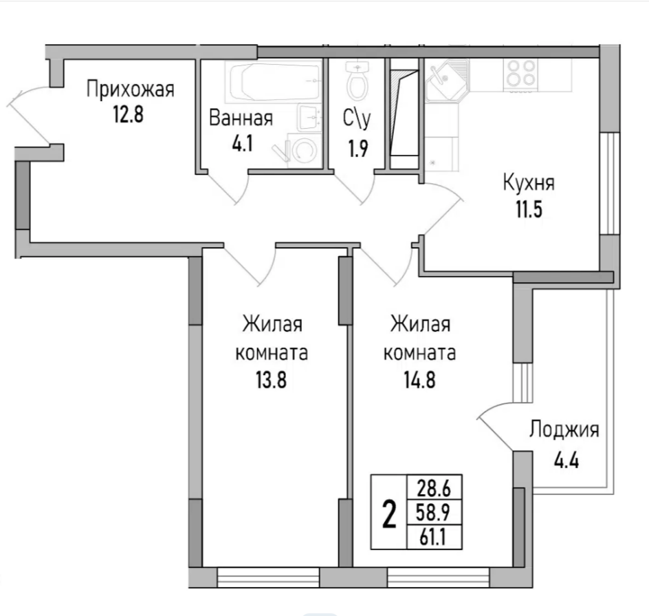2-комнатная 61.1 м2 в ЖК undefined корпус null этаж 7
