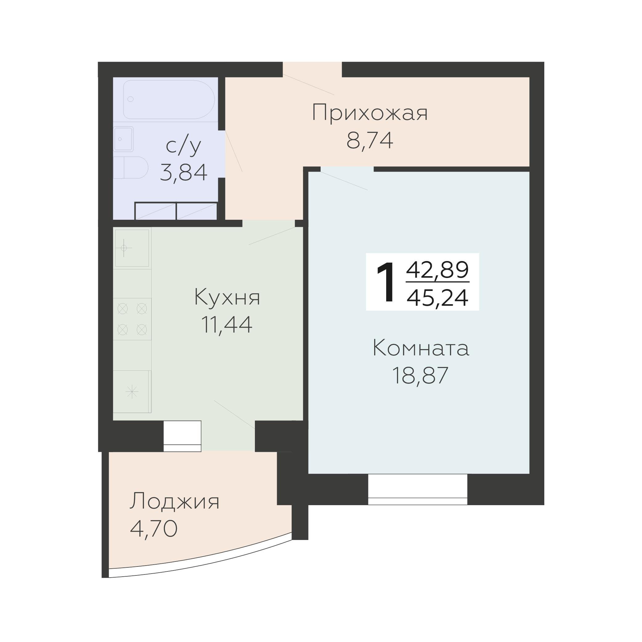 1-комнатная 45 м2 в ЖК Nova парк корпус null этаж 14