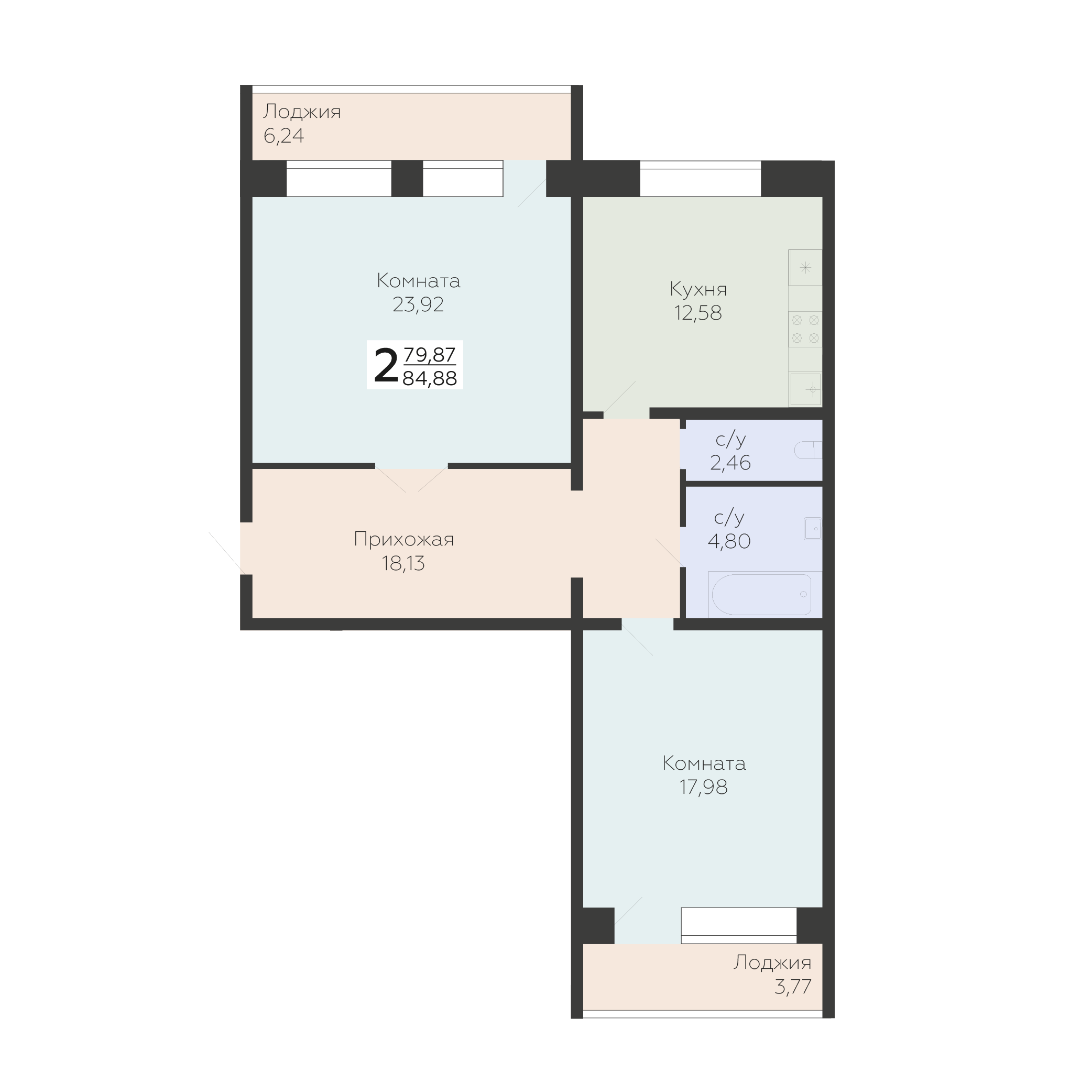 2-комнатная 84 м2 в ЖК Салют корпус null этаж 6