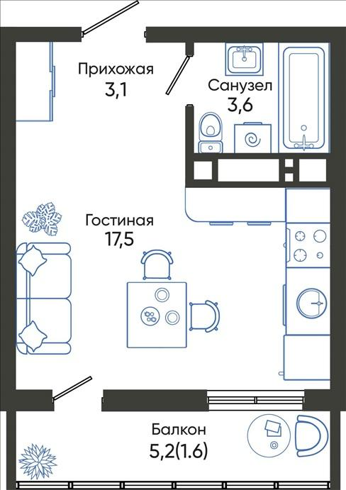 Студия 25 м2 в ЖК Облака корпус null этаж 24