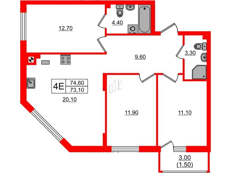 3-комнатная 74 м2 в ЖК River Park-2 корпус null этаж 1