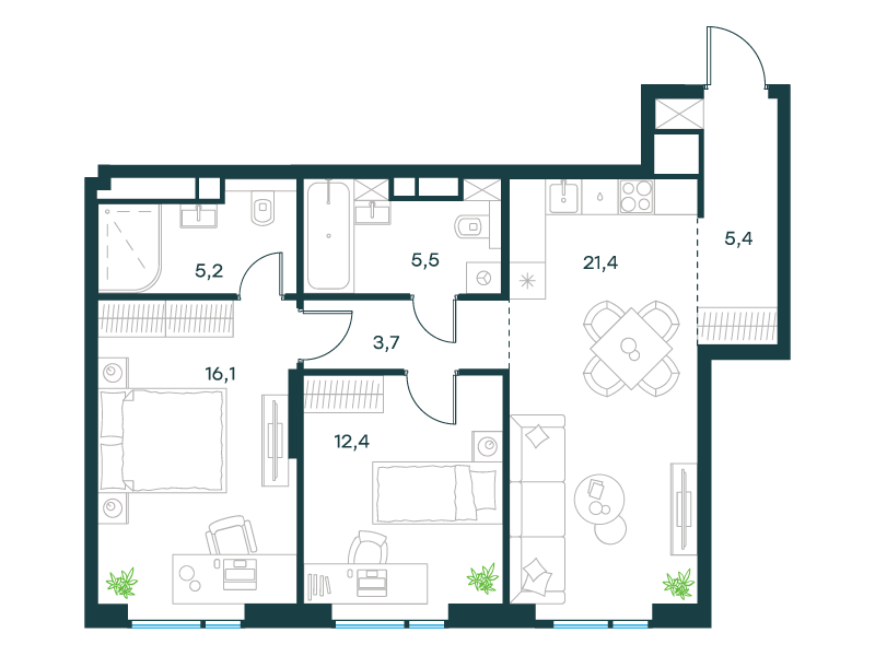 2-комнатная 69 м2 в ЖК Левел Войковская корпус null этаж 26