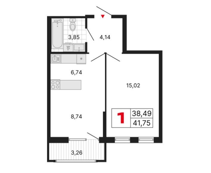 1-комнатная 41.8 м2 в ЖК undefined корпус null этаж 3
