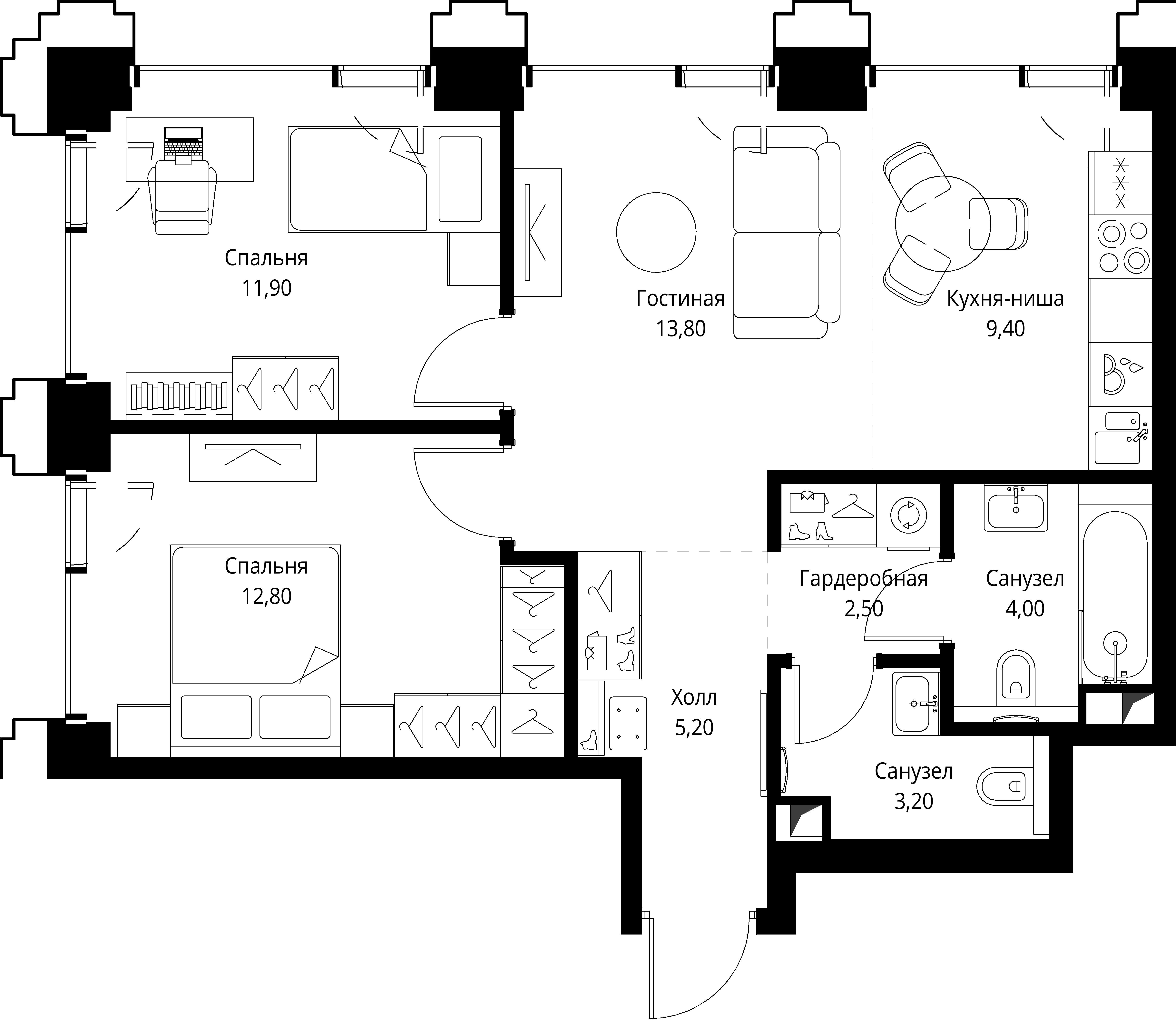 2-комнатная 62 м2 в ЖК SET корпус null этаж 9