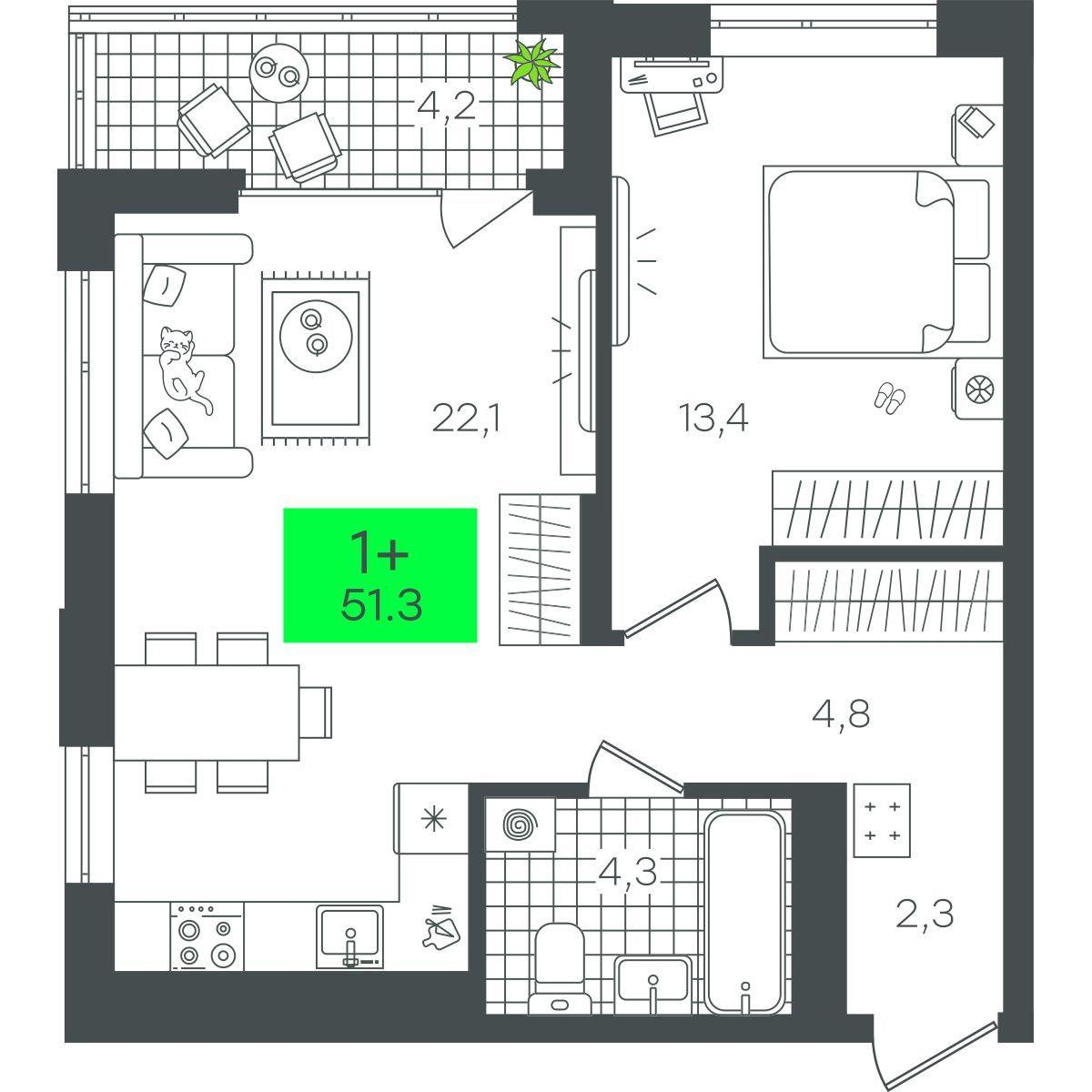 1-комнатная 51 м2 в ЖК Гранд Квартал корпус null этаж 17