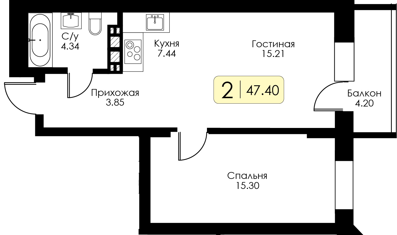 1-комнатная 47 м2 в ЖК Урбан Парк корпус null этаж 15