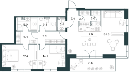 3-комнатная 116 м2 в ЖК Shift корпус null этаж 10