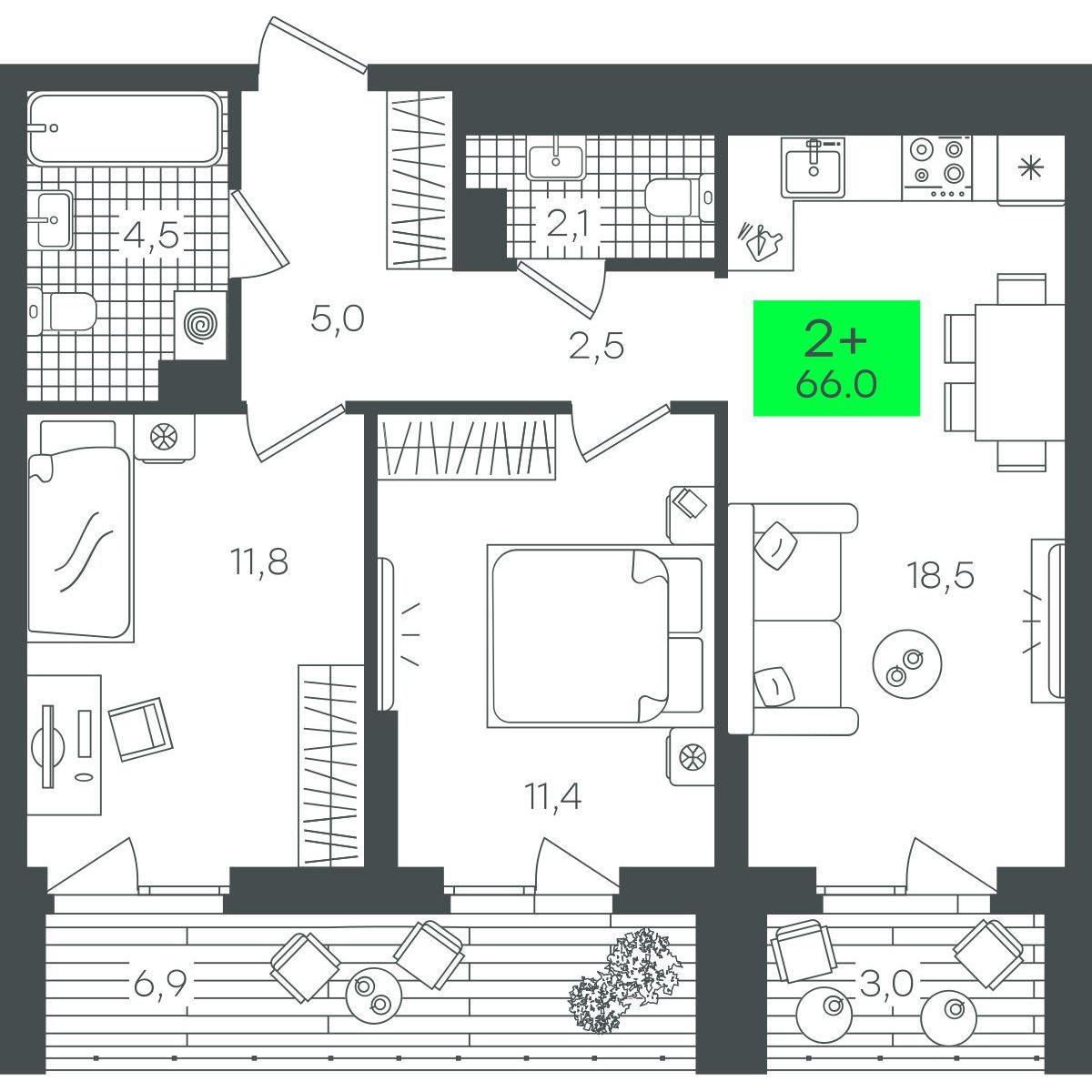 2-комнатная 66 м2 в ЖК Гранд Квартал корпус null этаж 7