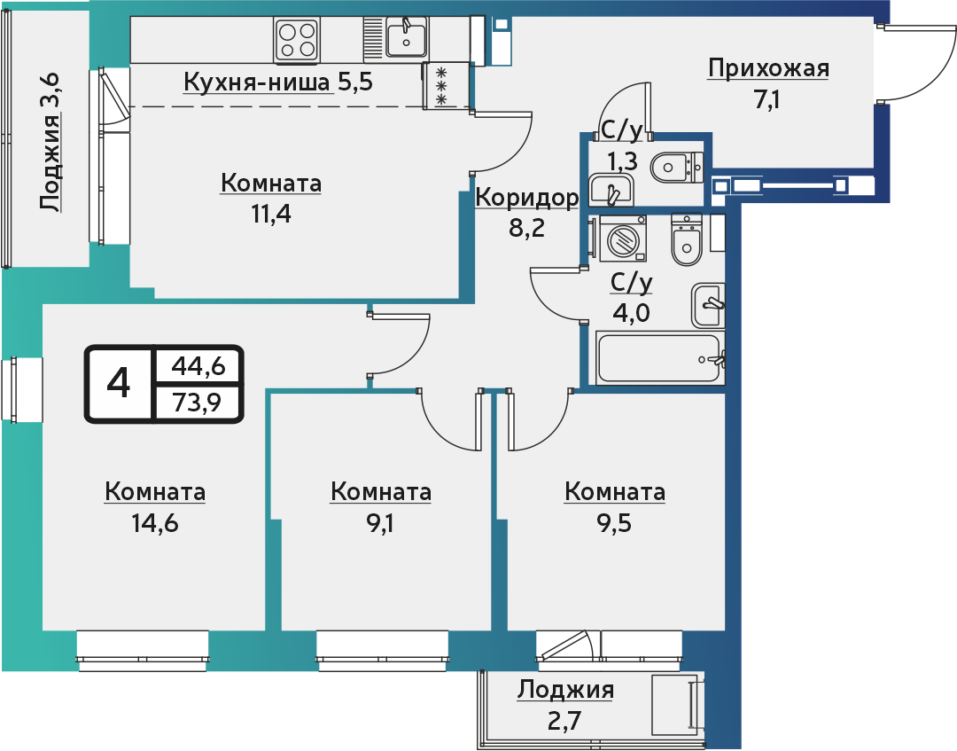 4-комнатная 73 м2 в ЖК ВЕГА-2 корпус null этаж 5