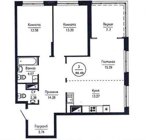 3-комнатная 86.5 м2 в ЖК undefined корпус null этаж 7