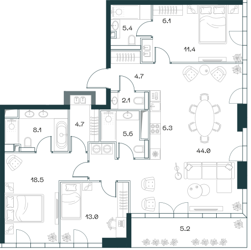 4-комнатная 136 м2 в ЖК Shift корпус null этаж 15