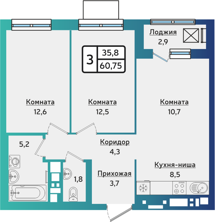 3-комнатная 60 м2 в ЖК ARTNOVA корпус null этаж 13