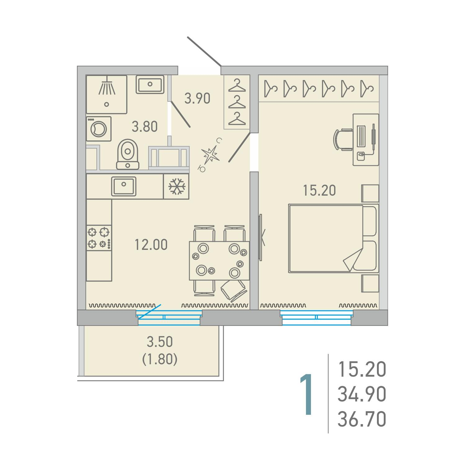 1-комнатная 36 м2 в ЖК LOVO корпус null этаж 14