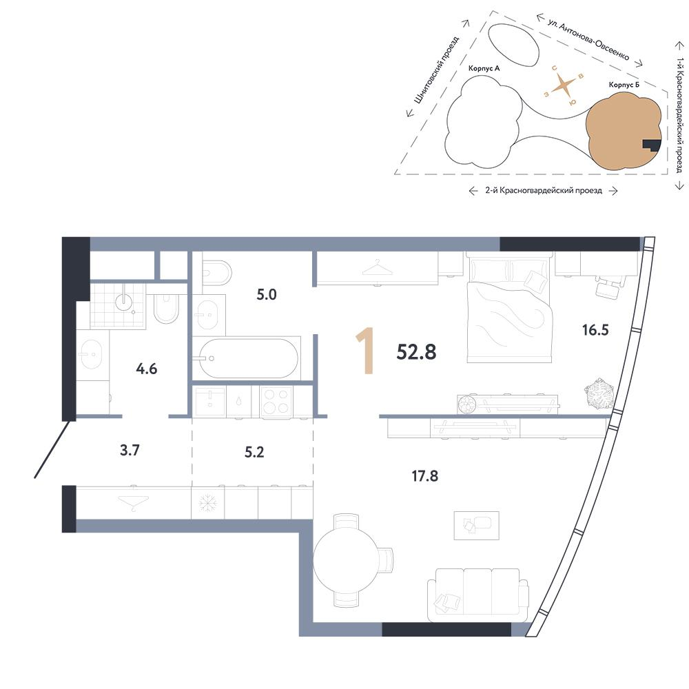 1-комнатная 52 м2 в ЖК AURUS Residences корпус null этаж 23