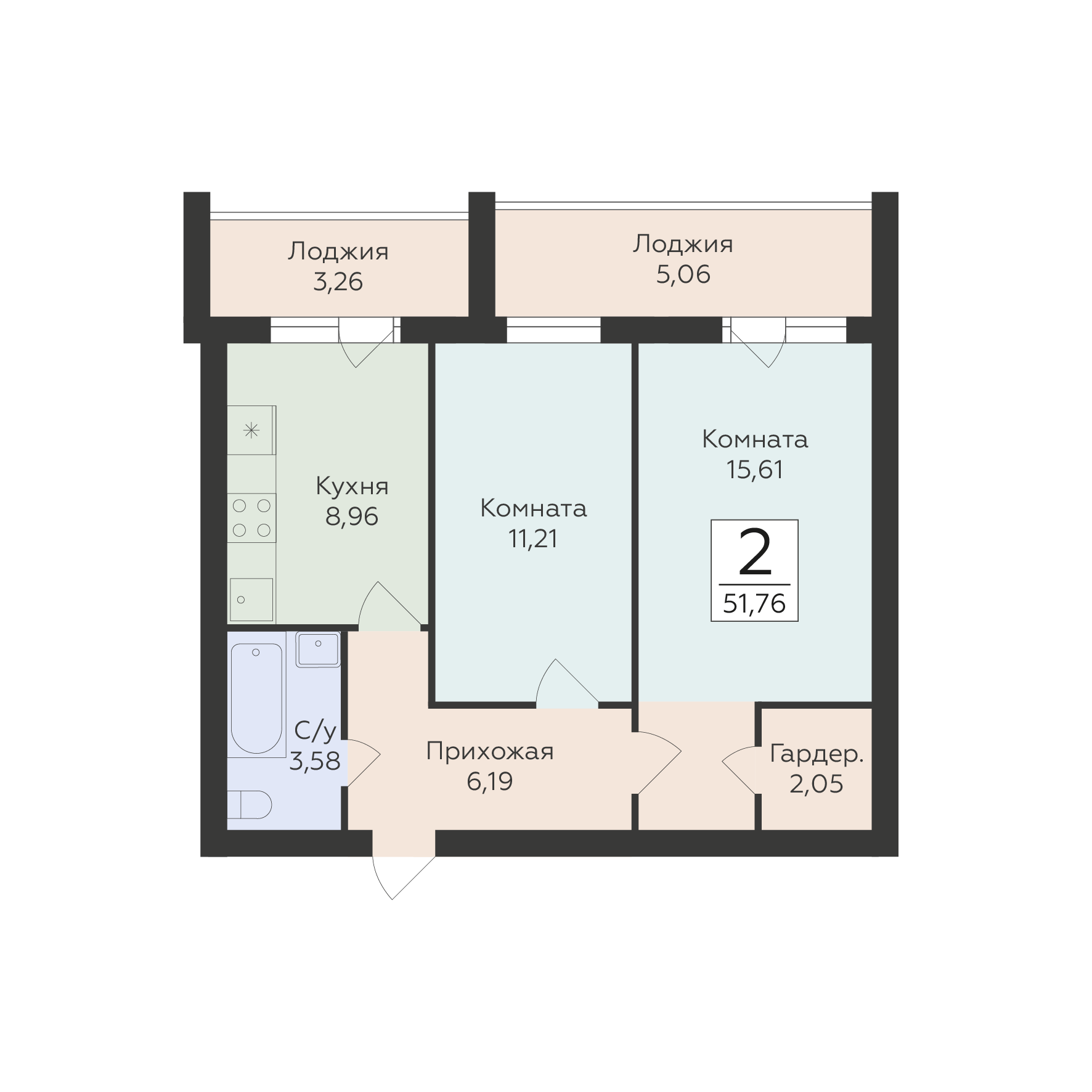 2-комнатная 51 м2 в ЖК Юность корпус null этаж 8