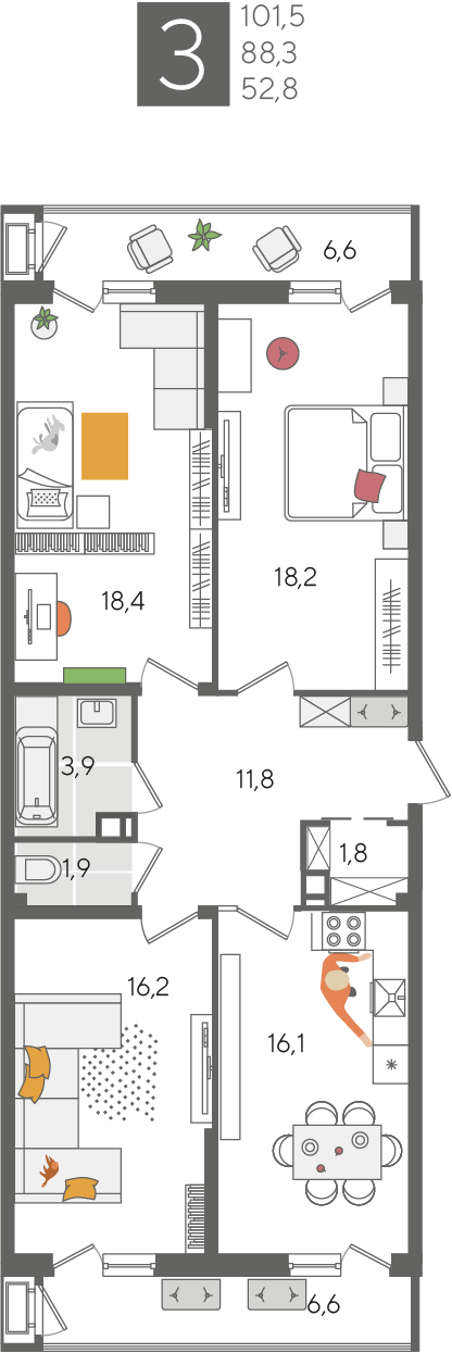 3-комнатная 100 м2 в ЖК Рекорд 2 корпус null этаж 7