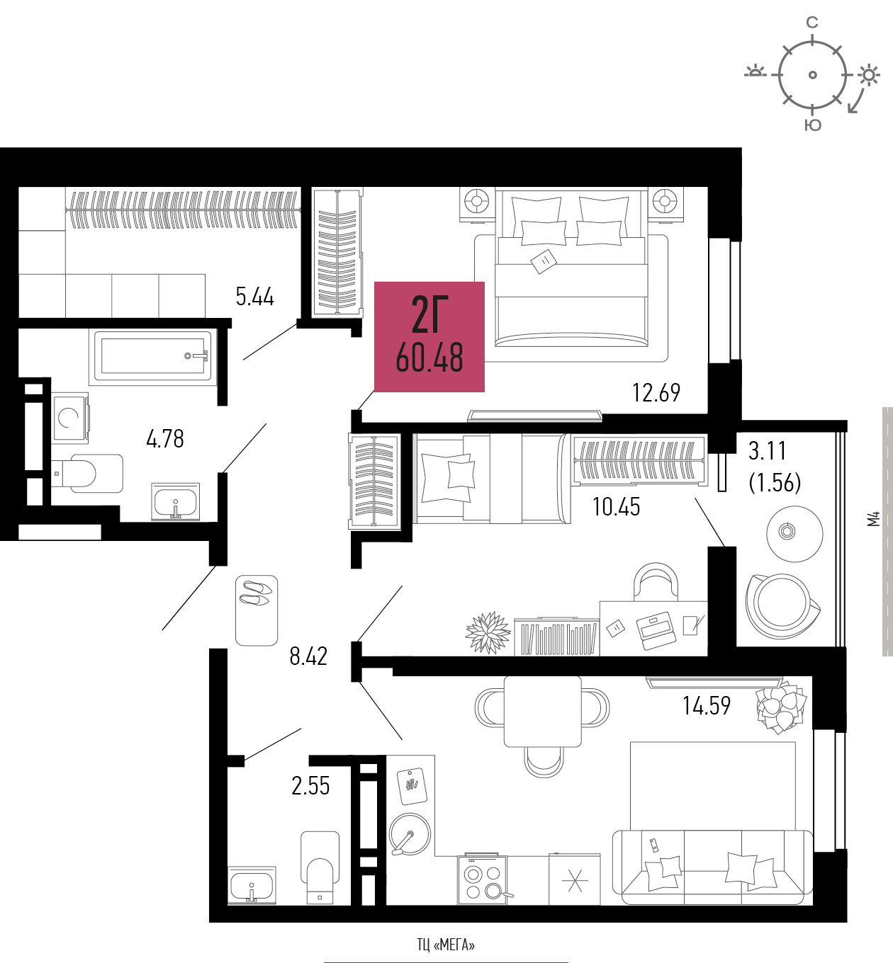 2-комнатная 60 м2 в ЖК Столицыно корпус null этаж 16