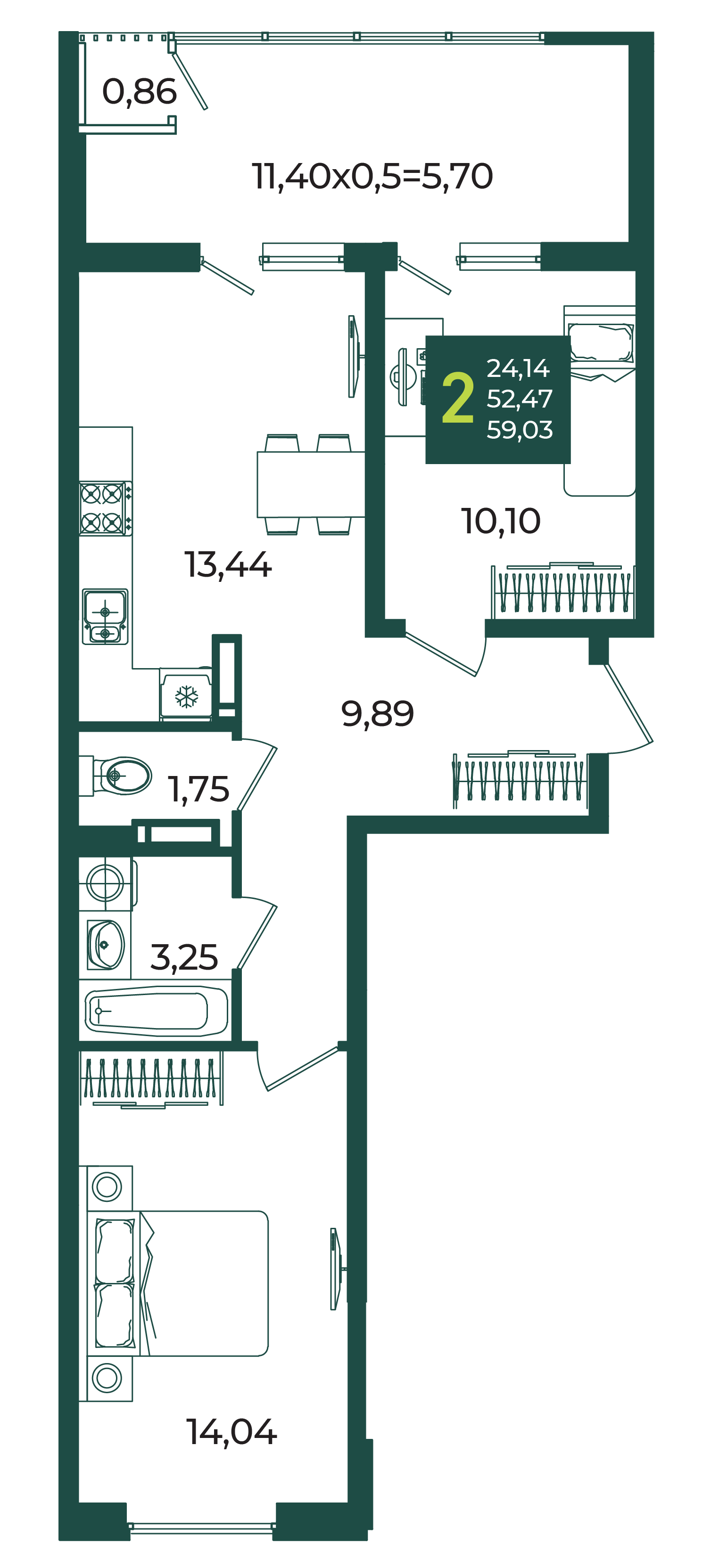 2-комнатная 59 м2 в ЖК Образцово корпус null этаж 9