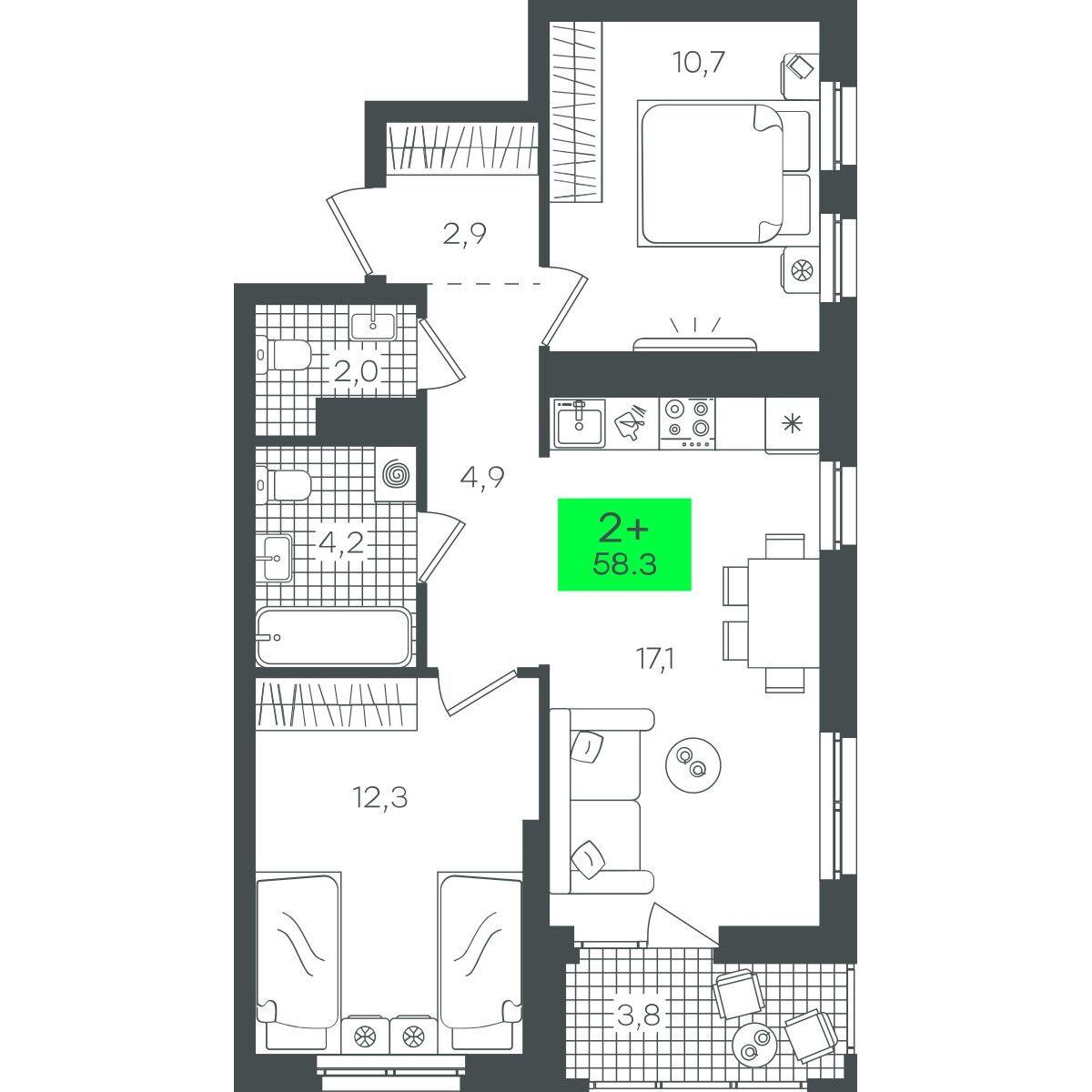 2-комнатная 58 м2 в ЖК Гранд Квартал корпус null этаж 15