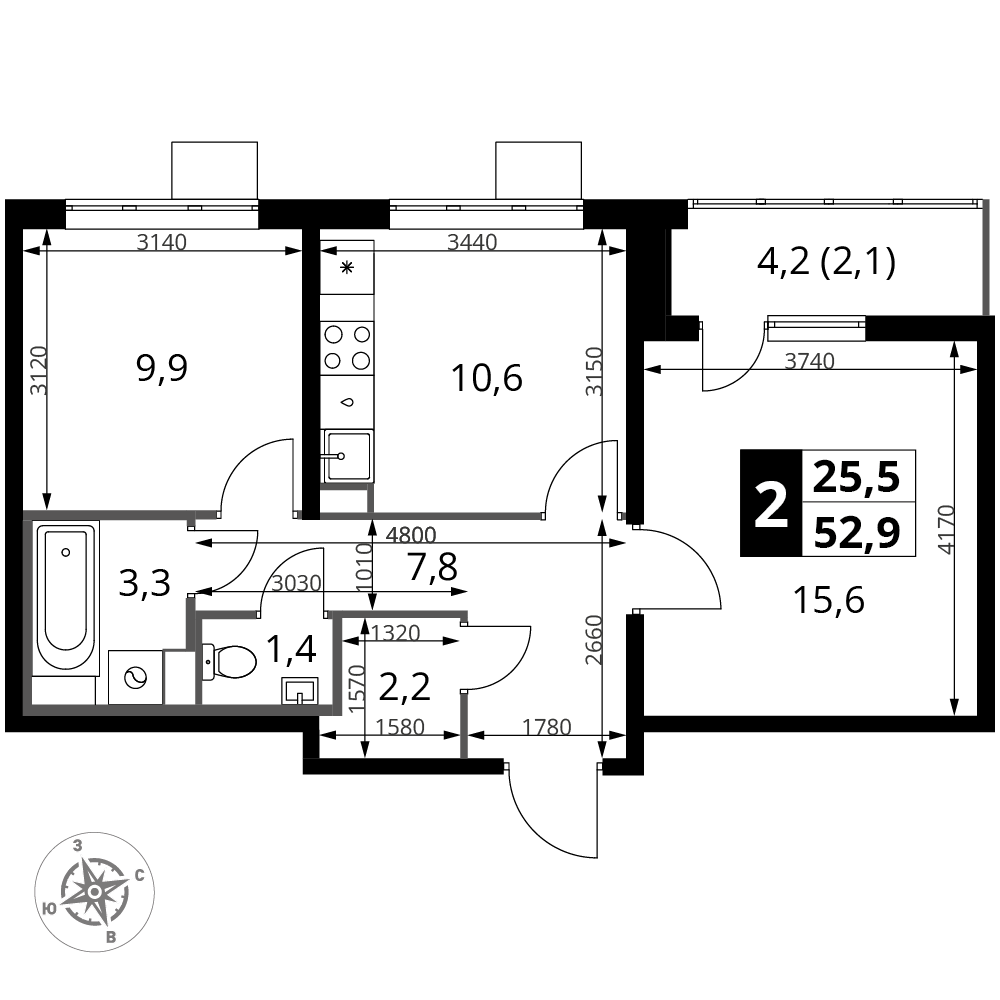 2-комнатная 52 м2 в ЖК 1-й Южный корпус null этаж 18