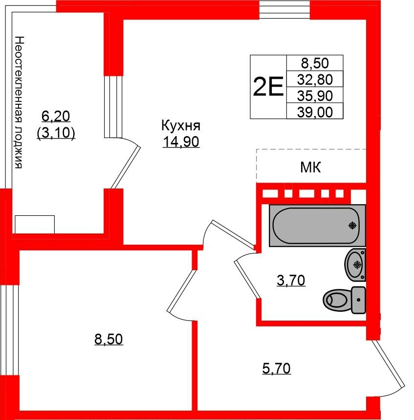 1-комнатная 35 м2 в ЖК Кроны и Волны корпус null этаж 4