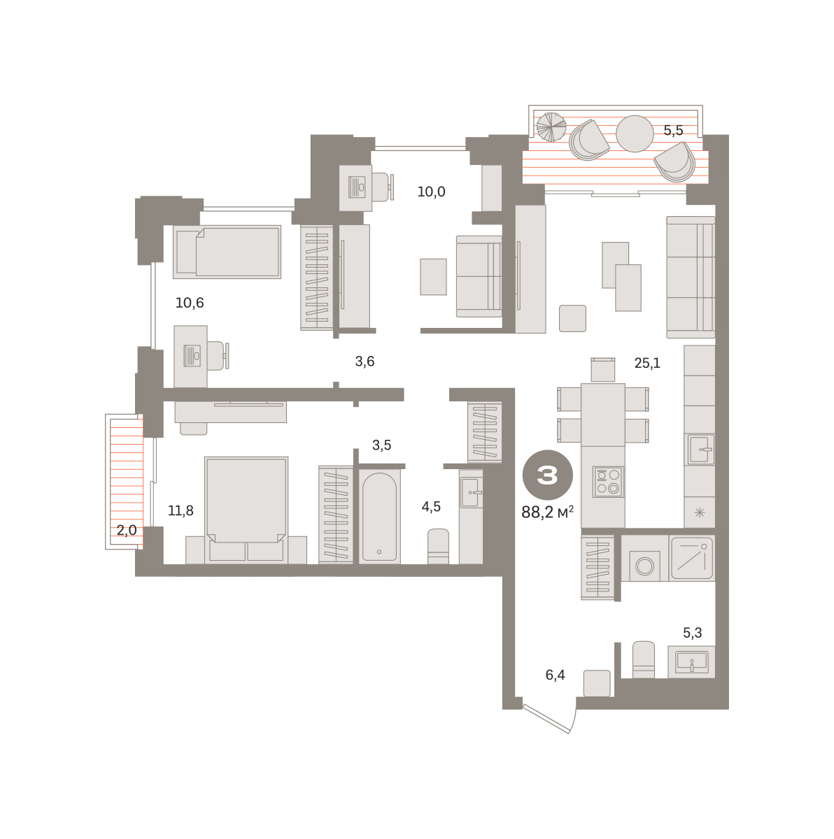 3-комнатная 89 м2 в ЖК Квартал МОНС корпус null этаж 10