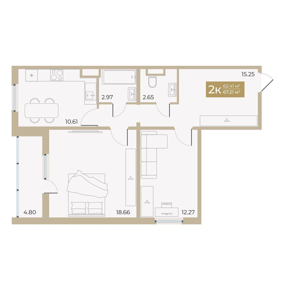 2-комнатная 62 м2 в ЖК Спутник-2 корпус null этаж 2