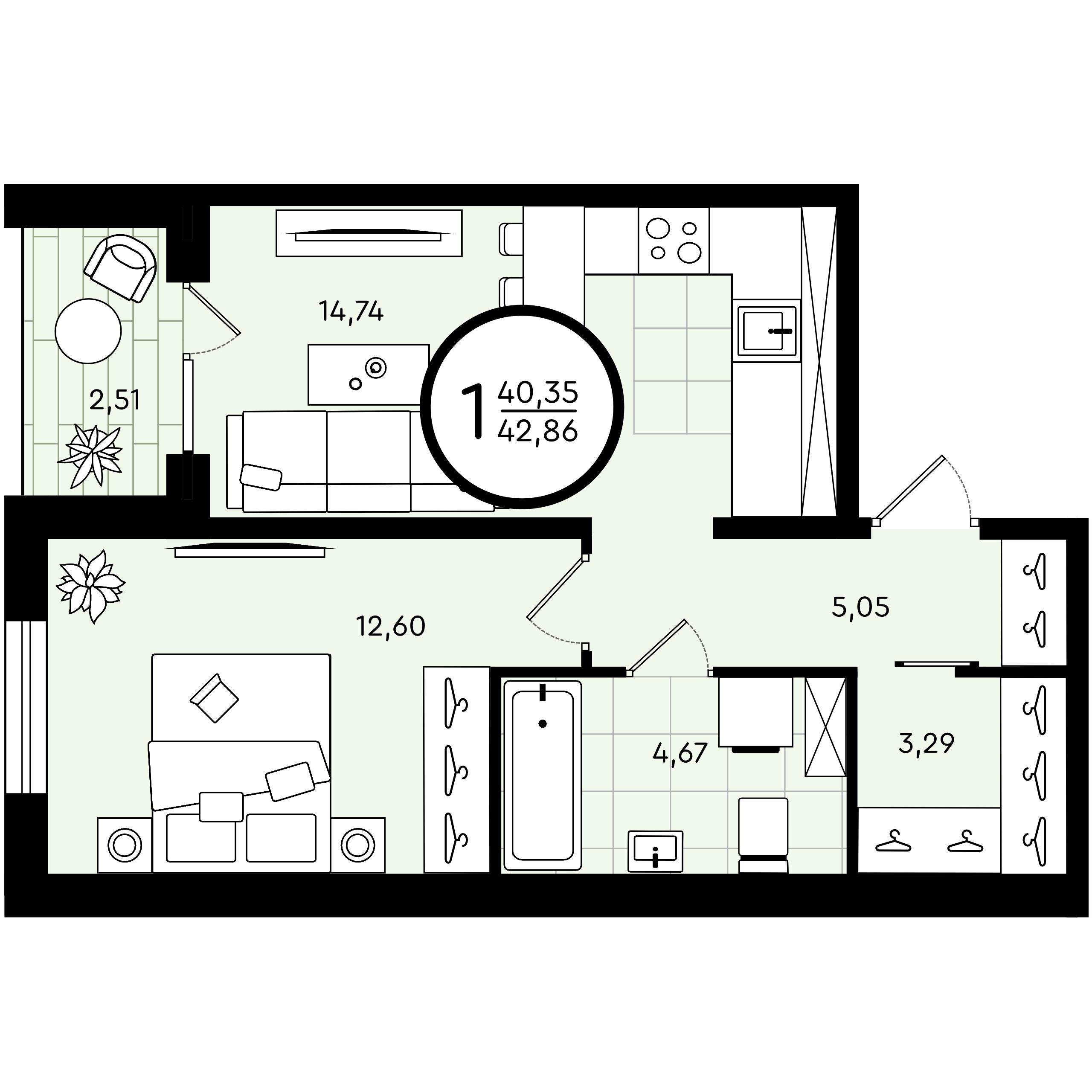 1-комнатная 42 м2 в ЖК Зеленые Аллеи корпус null этаж 4
