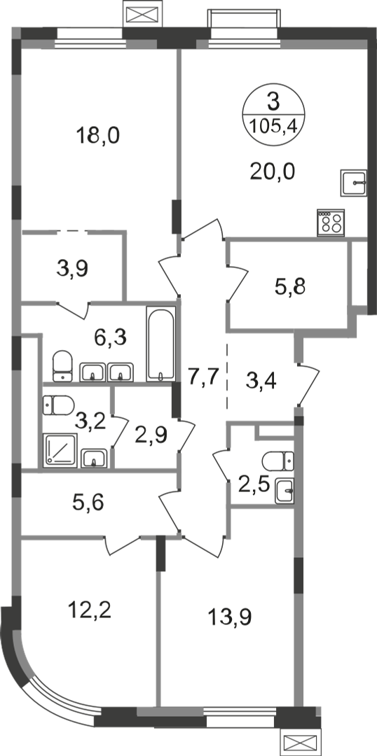 3-комнатная 105 м2 в ЖК Резиденции Сколково корпус null этаж 9