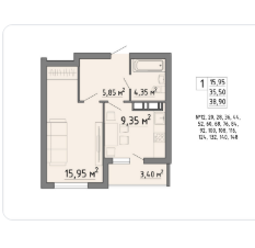 1-комнатная 38.9 м2 в ЖК undefined корпус null этаж 4