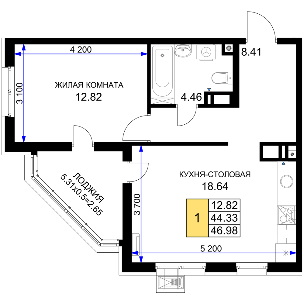 1-комнатная 46 м2 в ЖК Фонтаны корпус null этаж 14
