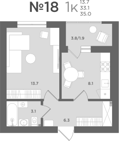 1-комнатная 33 м2 в ЖК МС18 корпус null этаж 4