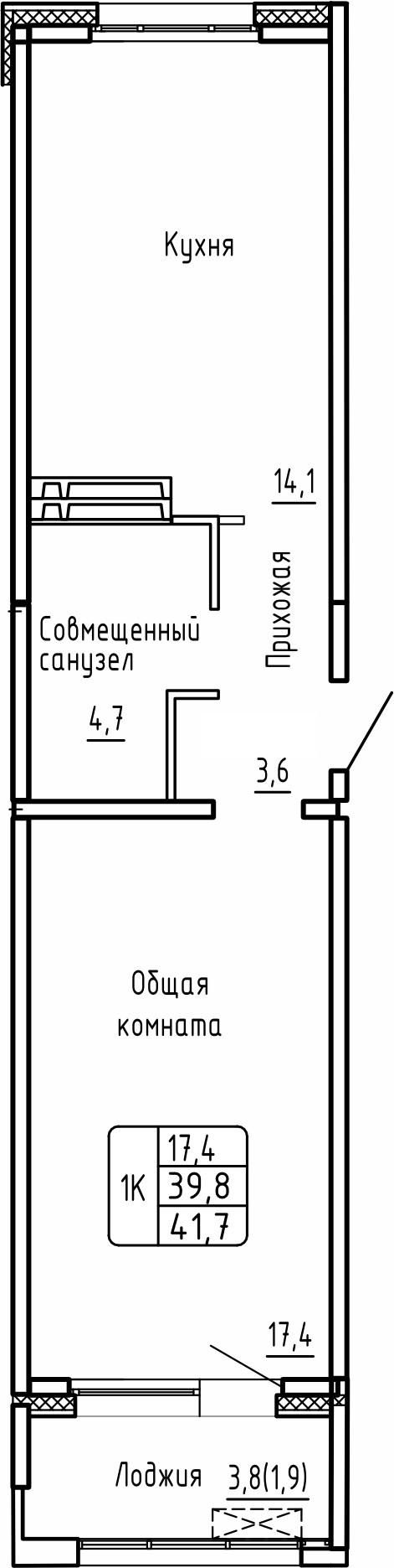1-комнатная 41 м2 в ЖК Самоцветы корпус null этаж 17