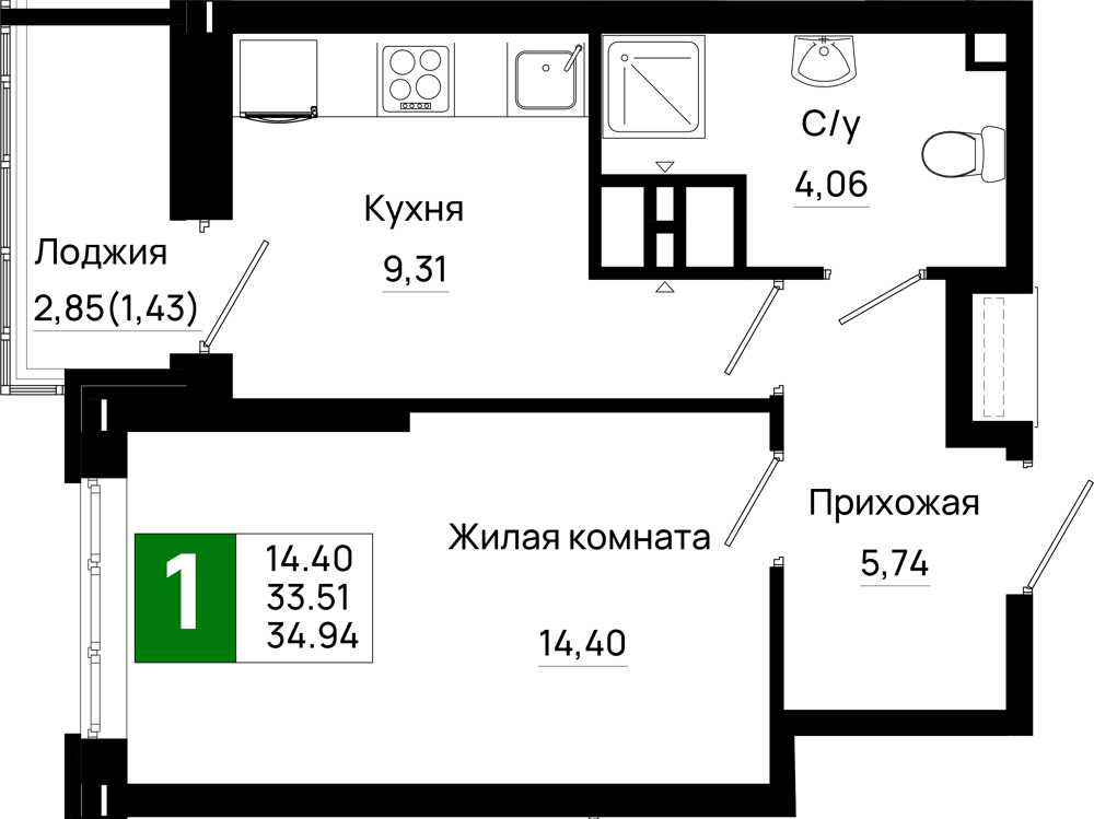 1-комнатная 34 м2 в ЖК Октябрь парк корпус null этаж 8
