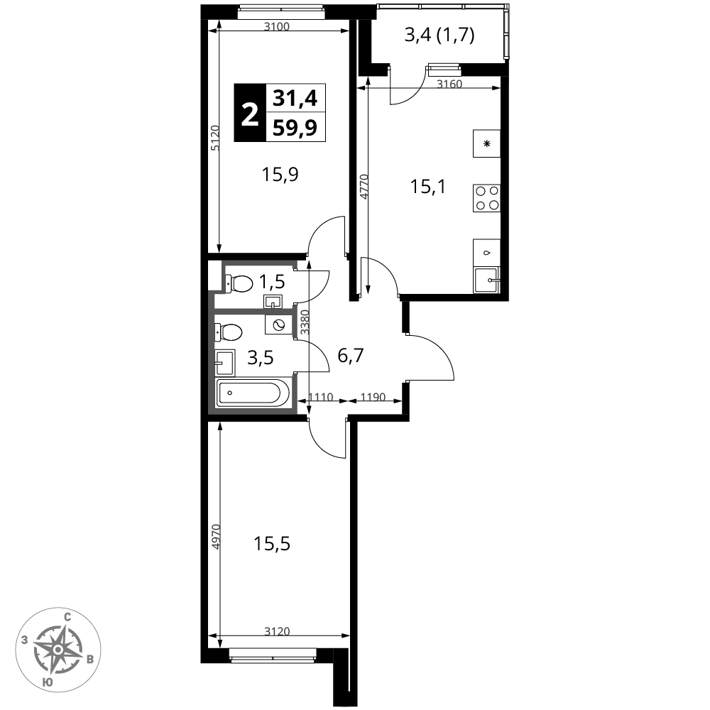 2-комнатная 59 м2 в ЖК 1-й Ясеневский корпус null этаж 2