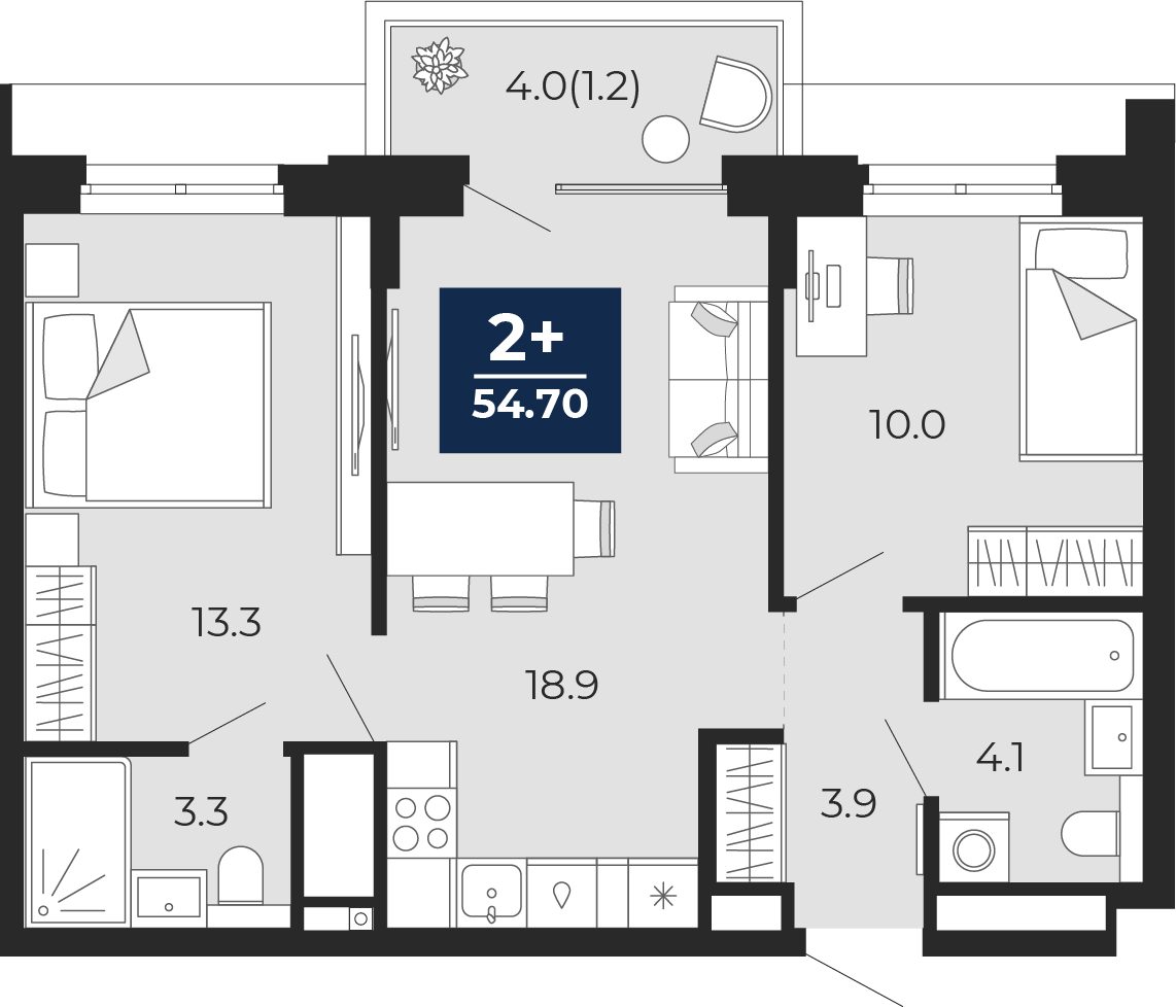 2-комнатная 53 м2 в ЖК Мириады корпус null этаж 12