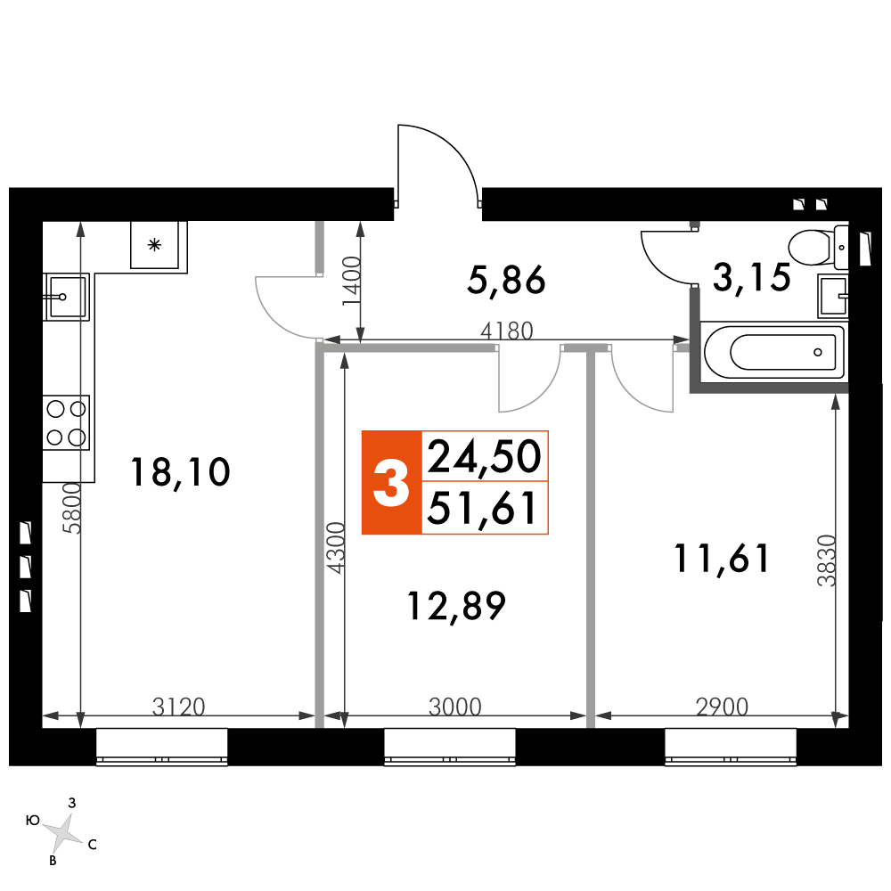 2-комнатная 51 м2 в ЖК Парк Апрель корпус null этаж 4