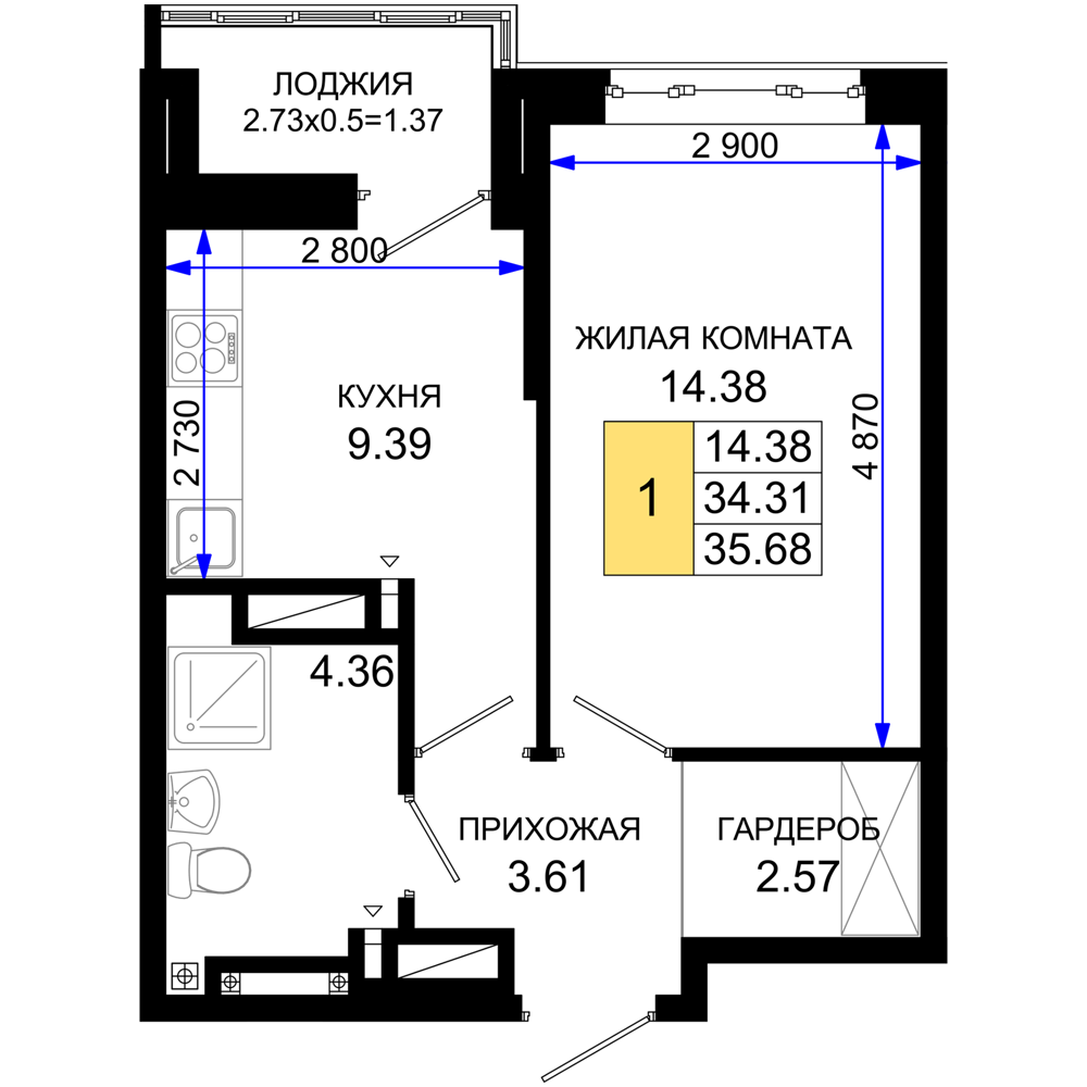1-комнатная 35 м2 в ЖК Октябрь парк корпус null этаж 13