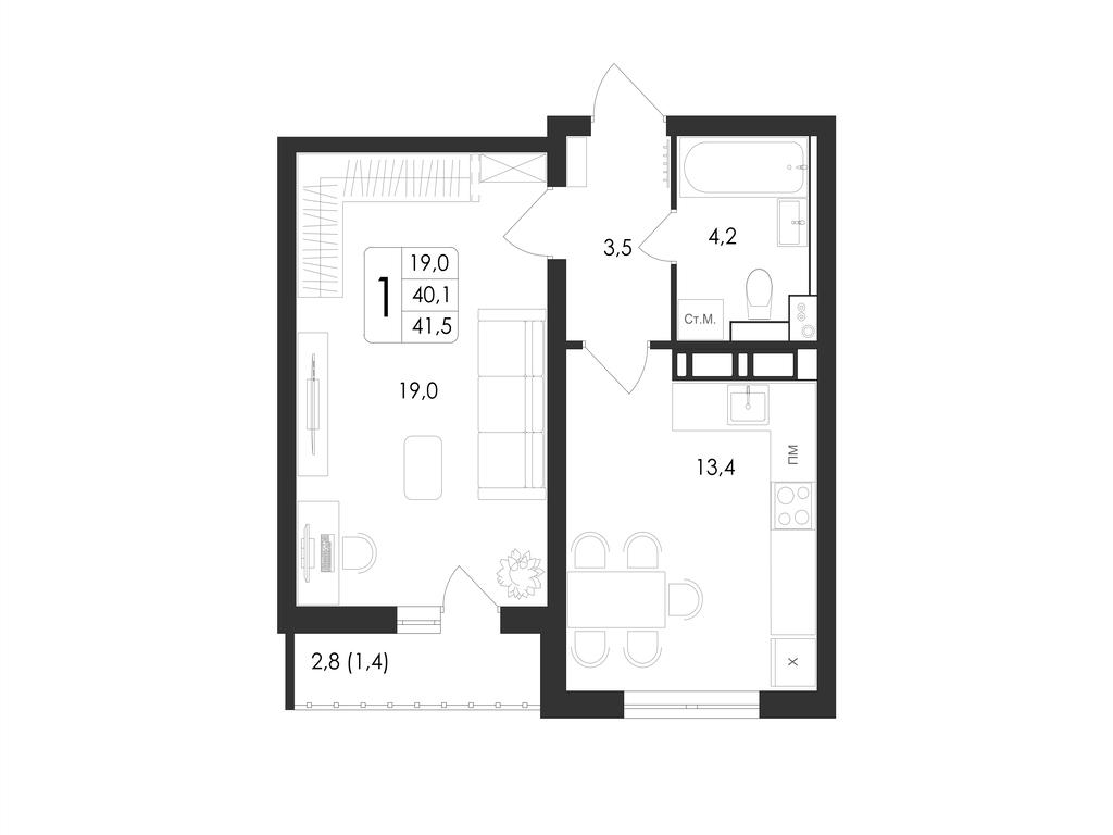 1-комнатная 41 м2 в ЖК Май корпус null этаж 6