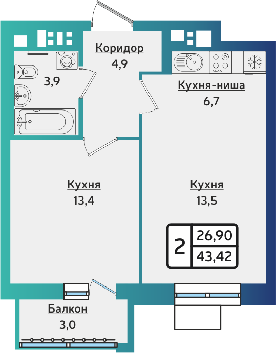 2-комнатная 43 м2 в ЖК ARTNOVA корпус null этаж 3