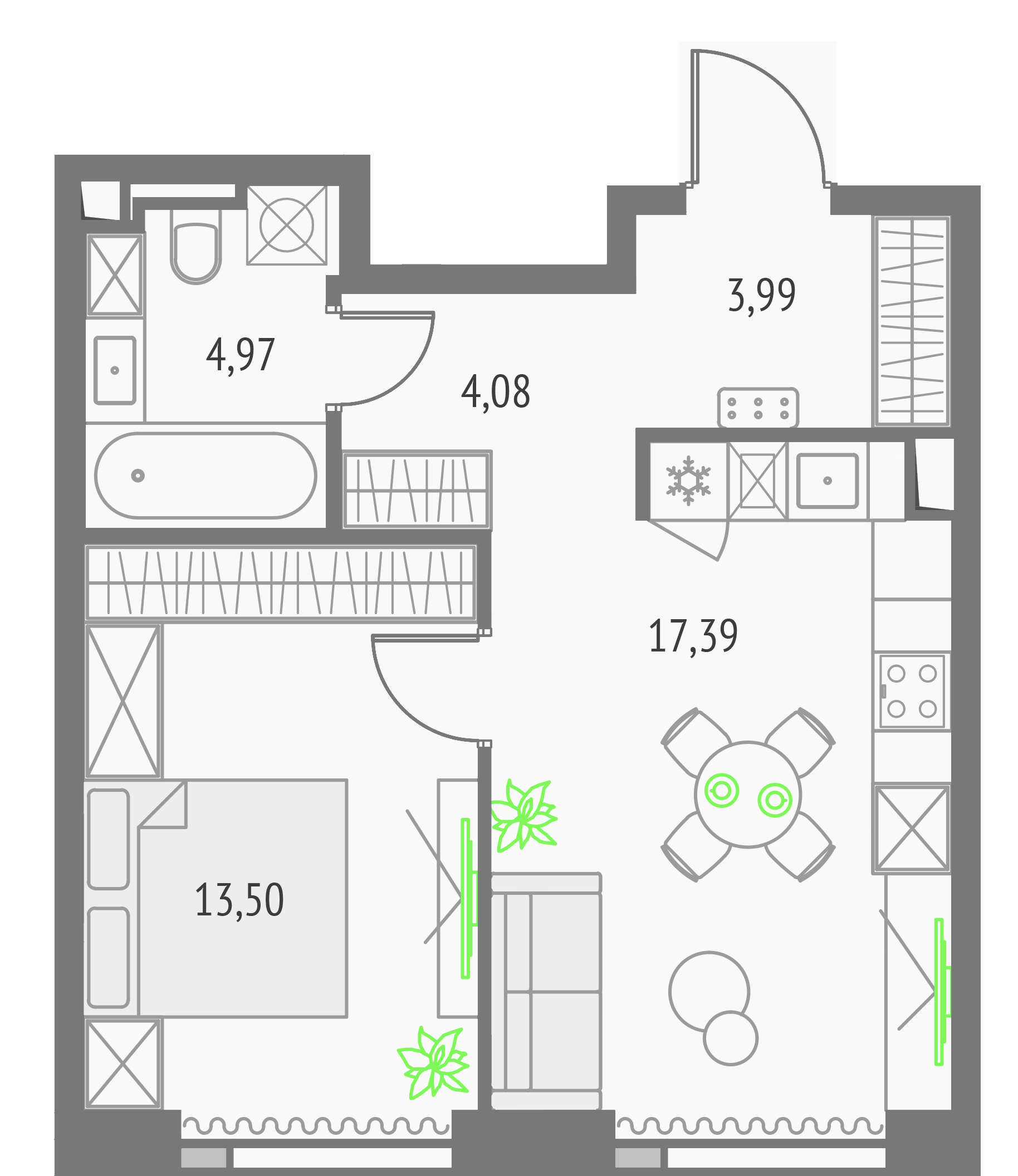 1-комнатная 43 м2 в ЖК Upside Towers корпус null этаж 15