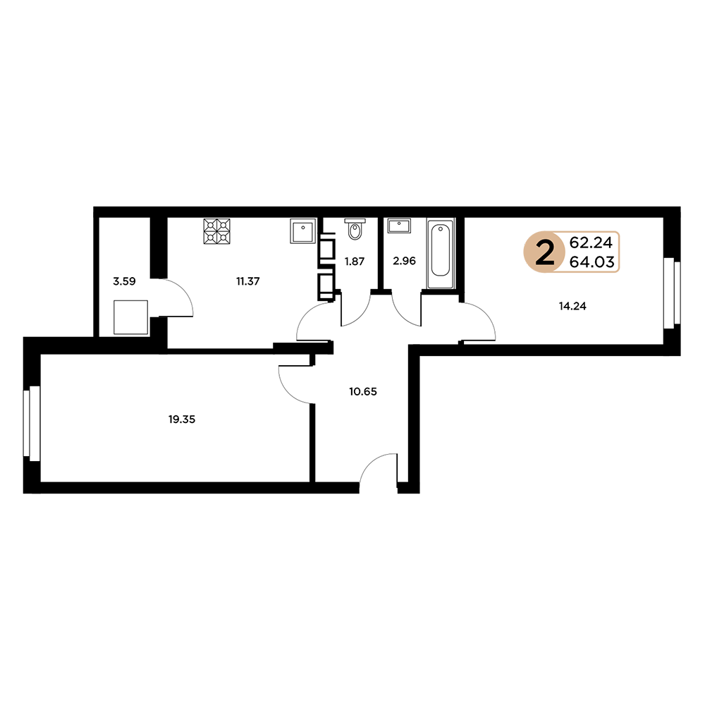 2-комнатная 65 м2 в ЖК Московский корпус null этаж 6