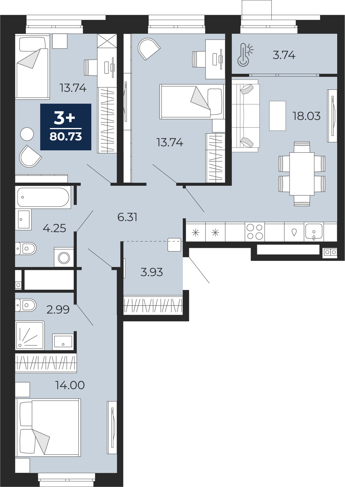 3-комнатная 80 м2 в ЖК Мириады корпус null этаж 6